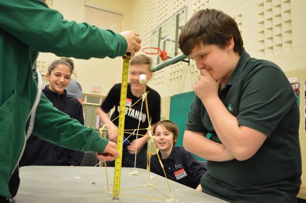 Facilitating the marshmallow challenge at our school's STEM Day